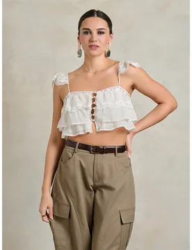 Blusa de encaje con volantes suave, ligera y perfecta para el verano XS - Shein - FashionsVida