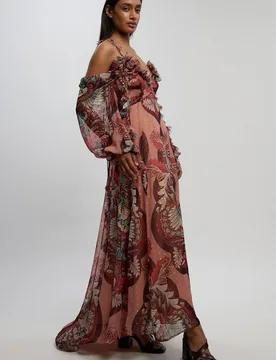 Women's Metallic Thread Printed Cold Shoulder Woven Maxi Dress in Rust Size: 10 - Rust - Size: 10 - Karen millen - FashionsVida