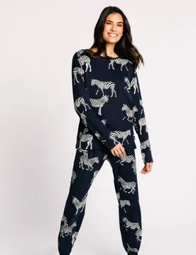 Zebra Print Crew Neck Pyjama Set Navy Mix female - Chelsea Peers - FashionsVida