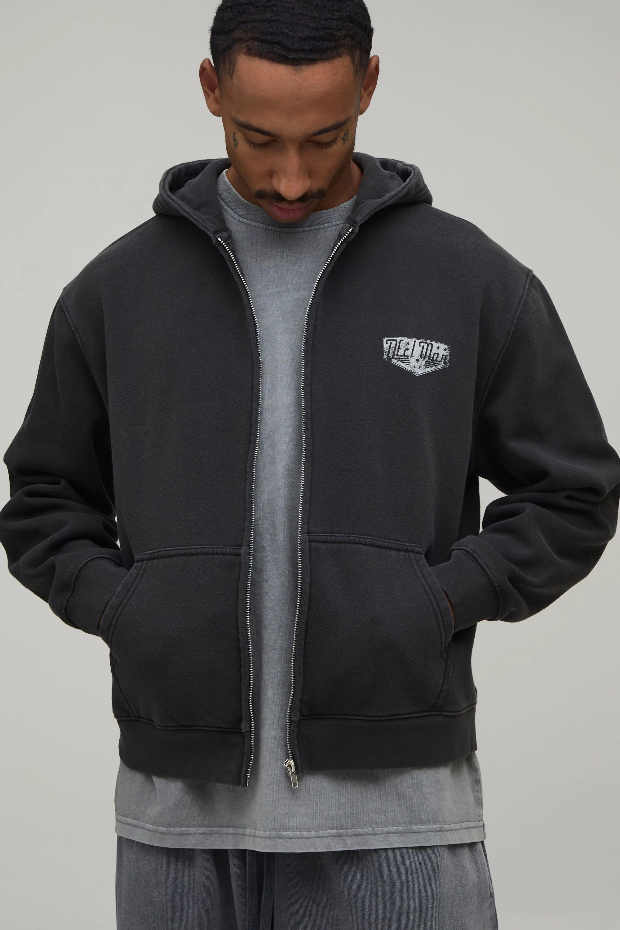 Mens Oversized Boxy Moto Washed Zip Through Hoodie - Black Cotton - Size Medium - boohooMAN - FashionsVida