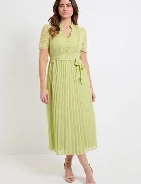 Women's Lace Collarless Pleated Midi Dress in Lime Size: 20 - Lime - Size: 20 - Wallis - FashionsVida
