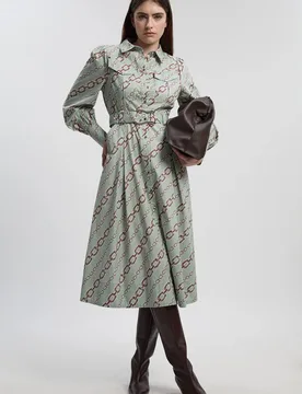 Women's Chain Print Cotton Sateen Belt Detail Woven Shirt Dress Size: 6 - Multicolor - Size: 6 - Karen millen - FashionsVida