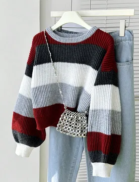 Suéter de punto grueso a rayas para niñas, jersey casual fresco de manga larga color burdeos para otoño, ropa preppy para regreso a clases y vacaci - Shein - FashionsVida