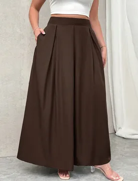 Falda larga plisada de línea A de cintura súper alta gris para mujer talla grande con bolsillos y cintura elástica, vuelta a la escuela 1XL - Shein - FashionsVida