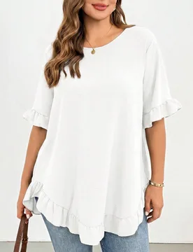 Camisa negra holgada, cómoda y fresca de manga corta con volantes para mujer de talla grande, ideal para uso diario, con diseño estilizador. Blusas - Shein - FashionsVida