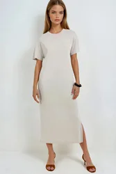 Womens Loose Fit Midi Dress With Slit - Stone