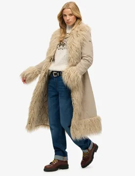Superdry Damen Langer Afghan-Mantel Mit Schmaler Passform, Beige, Größe: 38 - 139.99 - FashionsVida