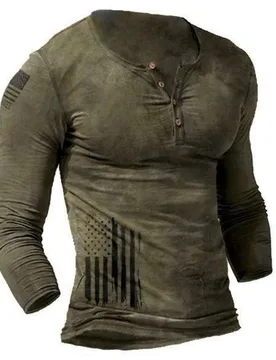 Mens Vintage Washed Henley Long Sleeve T-Shirt Retro Distressed USA Flag Print Four Button Placket Slim Fit Casual Tops - Aliexpress - FashionsVida