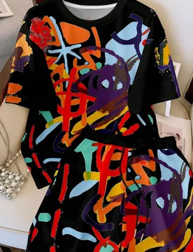 Conjunto de camiseta y pantalones cortos para mujer, estampado de pintura al óleo artística, top de verano para exteriores, diseño de patrón, sens - Shein - FashionsVida