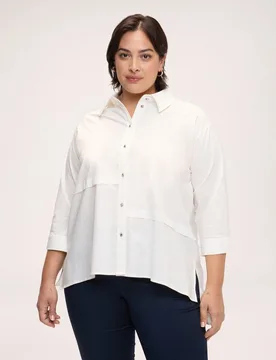 Camisa de mujer de mezcla de algodón con dobladillo asimétrico cierre frontal con botones metálicos plateados y aplicaciones decorat - Fiorella Rubino - FashionsVida