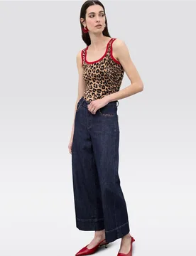 Vaquero ancho de mujer culotte con vivos animal print en bolsillos - Lola Casademunt - FashionsVida