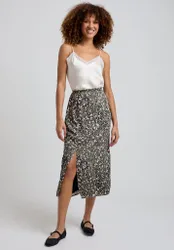 Grace Side Slit Khaki Cat Print Midi Skirt In Green - 6
