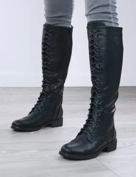 Women's Biker Lace Up Military Combat Style Knee High Boots in Black Size: 4 - Black - Size: 4 - Ajvani - FashionsVida