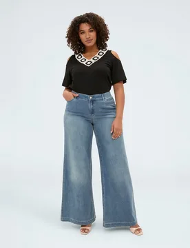 Vaqueros de mujer wide leg en denim lavado denim con efecto lavado - Fiorella Rubino - FashionsVida