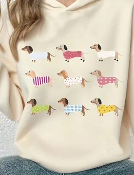 Sudadera con capucha de manga larga para niñas con estampado de dibujos animados de perro salchicha lindo, cómoda & de moda casual, nueva colección - Shein - FashionsVida