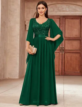 Vestido maxi formal de fiesta con cuello en V profundo, parches de lentejuelas, encaje floral y gasa, elegante vestido de fiesta para mujer de primave - Shein - FashionsVida