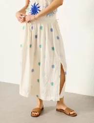 Pure Cotton Embroidered Midi A-Line Skirt Ivory Mix female