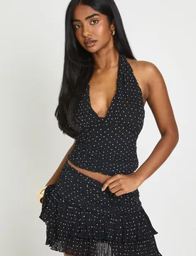 Womens Polka Dot Pleated Mini Skirt - Black - Size 8 Uk - Boohoo - FashionsVida