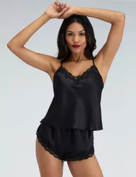 Amelia Satin Lace Trim Cami Shortie Set Black female