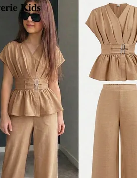 Set de 2 piezas para niñas preadolescentes que incluye top ceñido a la cintura + pantalones sueltos, conjunto formal y casual a juego - Shein - FashionsVida