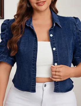 Chaqueta vaquera de manga abullonada con efecto desgastado para tallas grandes 2XL - Shein - FashionsVida