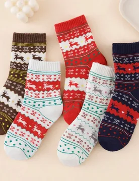 Pares de calcetines navideños retro Fair Isle con renos para mujer, calcetines de invierno de punto grueso y cálidos hasta la pantorrilla, calcetine - Shein - FashionsVida