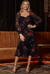 Womens Black Floral Print Ruched Fit & Flare Dress - Size 16 Uk