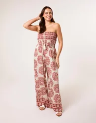 Strapless Elasticated Printed Jumpsuit - S/M / CORAL - female