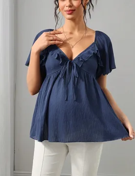 Blusa de maternidad elegante de tela texturizada con pliegues profundos y volantes, manga corta, casual y cómoda, azul marino, para verano y baby sho - Shein - FashionsVida