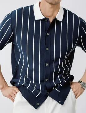 Casual Striped Polo Shirt Men's Summer Lapel Slim Top Thin Knitted Striped Short-sleeved T-shirt - Aliexpress - FashionsVida