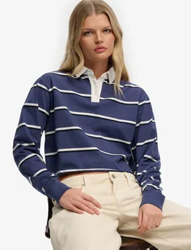 Superdry Damen Athletic Essentials Gestreiftes Rugby-oberteil in Cropped-länge Navy - Größe: 40 - 49.99 - FashionsVida
