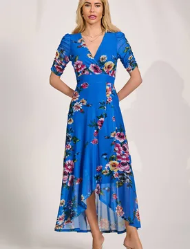 Women's Ruched Sleeve Mesh Maxi Dress in Blue Size: 8 - Blue - Size: 8 - Jolie Moi - FashionsVida