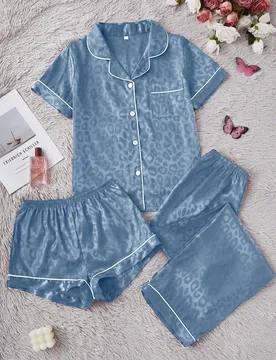 Conjunto de pijama de 3 piezas de mujer con pantalón largo y pantalón corto, de manga corta, con estampado de leopardo y cuello jacquard, de seda si - Shein - FashionsVida