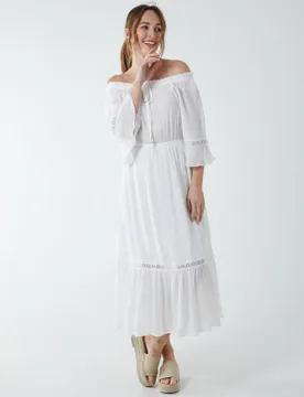 Off Shoulder Elasticated Lace Insert Midi Dress - S / IVORY - female - Blue Vanilla - FashionsVida