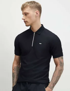 Textured Half Zip Knitted Polo Shirt Black male - River Island - FashionsVida