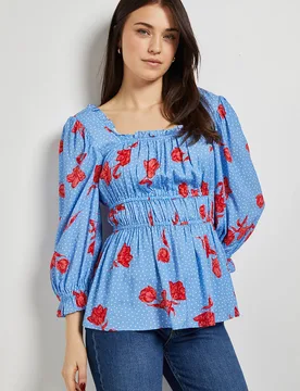 Women's Blue Floral Square Neck Blouson Sleeve Top Size: 8 - Blue - Size: 8 - Dorothy perkins - FashionsVida