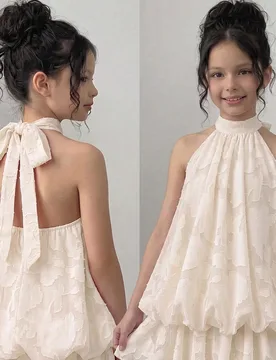 Vestido corto para niña preadolescente, estilo vintage elegante y lindo, con cuello halter, espalda descubierta, color albaricoque, encaje burnout, e - Shein - FashionsVida