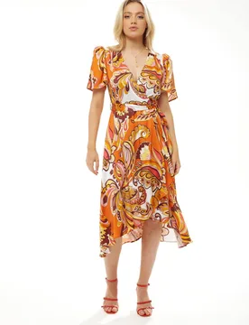 Women's Fake Wrap Midi Dress In Orange Floral Size: 10 - Orange - Size: 10 - Liquorish - FashionsVida