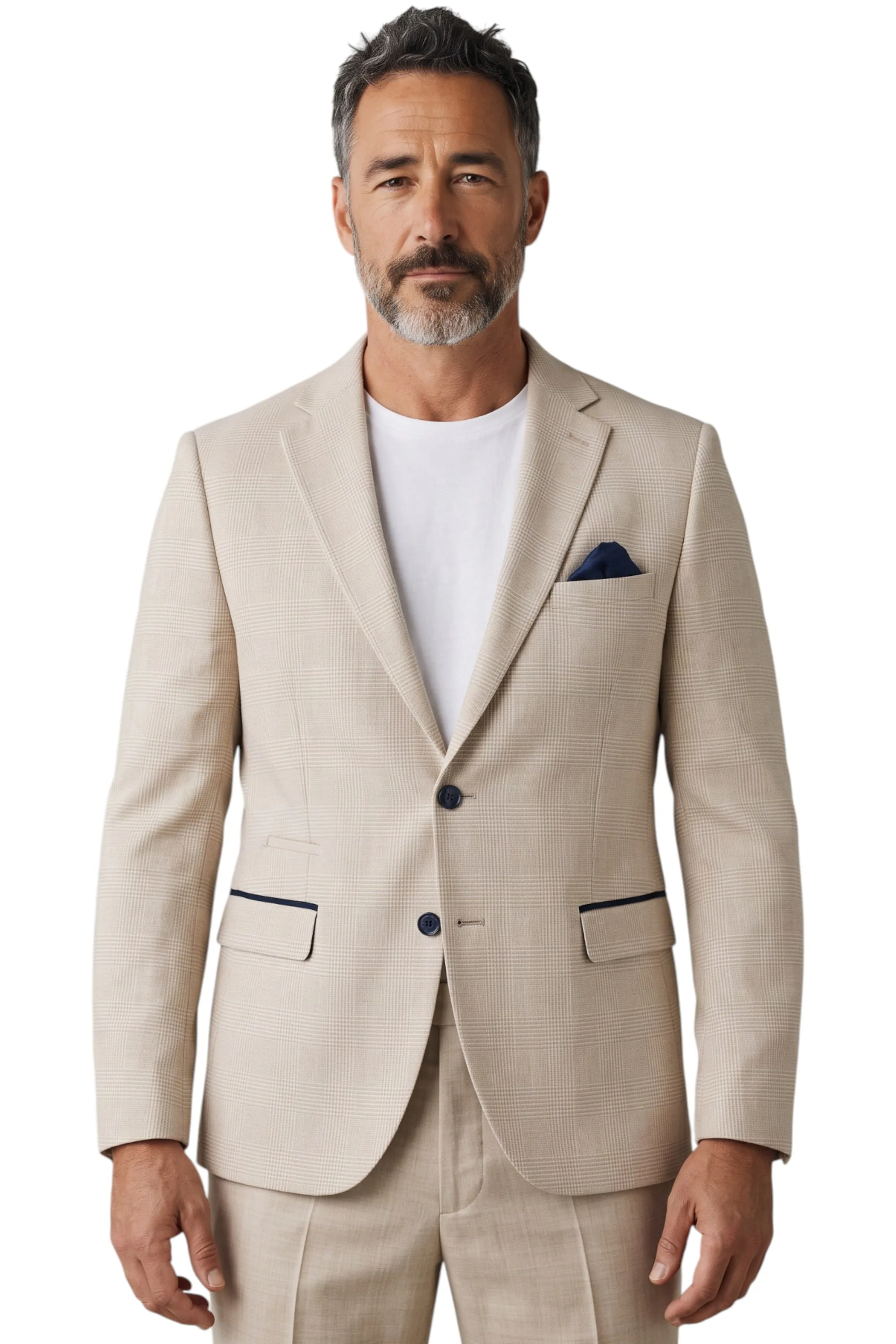 Mens Cream Checked Tailored Fit Blazer - Regent - Size 44 (Chest) - Paul Andrew - FashionsVida
