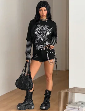 Camiseta de manga larga oversize de algodón con gráficos para mujer, estilo casual streetwear hippie preppy grunge punk gótico, invierno/otoño XL - Shein - FashionsVida