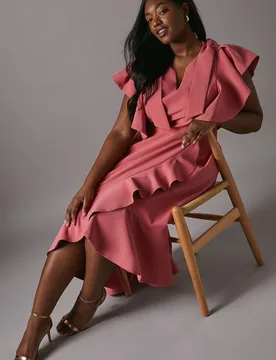 Women's Plus Crepe Ruffle Wrap Midi Dress in Blush Size: 18 - Blush - Size: 18 - Coast - FashionsVida