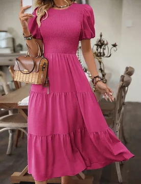 Vestido largo envolvente de manga abullonada de unicolor para vacaciones y playa L - Shein - FashionsVida
