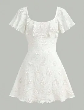 Vestido de punto de unicolor marfil con cuello cuadrado, mangas de vuelo y estampado jacquard, adecuado para uso diario, elegante, fiestas, citas, reu - Shein - FashionsVida