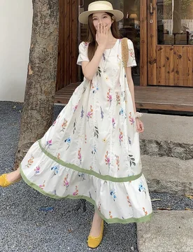 Vestido de mujer de cuello redondo estilo coreano con estampado integral, suelto y casual de largo medio, vestidos florales de primavera/verano para m - Shein - FashionsVida