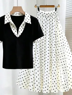 Conjunto de moda para mujer de otoño con top de cuello con solapa a lunares blanco y negro y falda larga de línea A de cintura alta, ropa para ocasi - Shein - FashionsVida