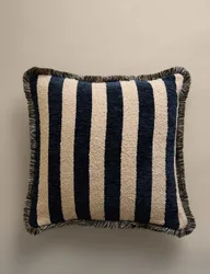 Chenille Striped Fringed Cushion Navy Mix