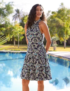 Tiered Halter Neck Aztec Belted Mini Dress - 16 / BLUE - female - Blue Vanilla - FashionsVida