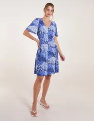 Shirred Waist Button Front Patchwork Mini Dress - L/XL / BLUE - female