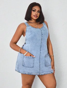 Vestido corto de mujer vaquero azul claro lavado de talla grande, para verano 0XL - Shein - FashionsVida