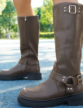 Botas de motocicleta con cremallera lateral y hebilla de moda casual para mujer, botas occidentales con tacón grueso color marrón moca, botas para m - Shein - FashionsVida